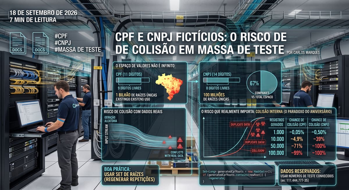 Ilustração representando a colisão entre números de CPF e CNPJ fictícios gerados em massa para testes de software